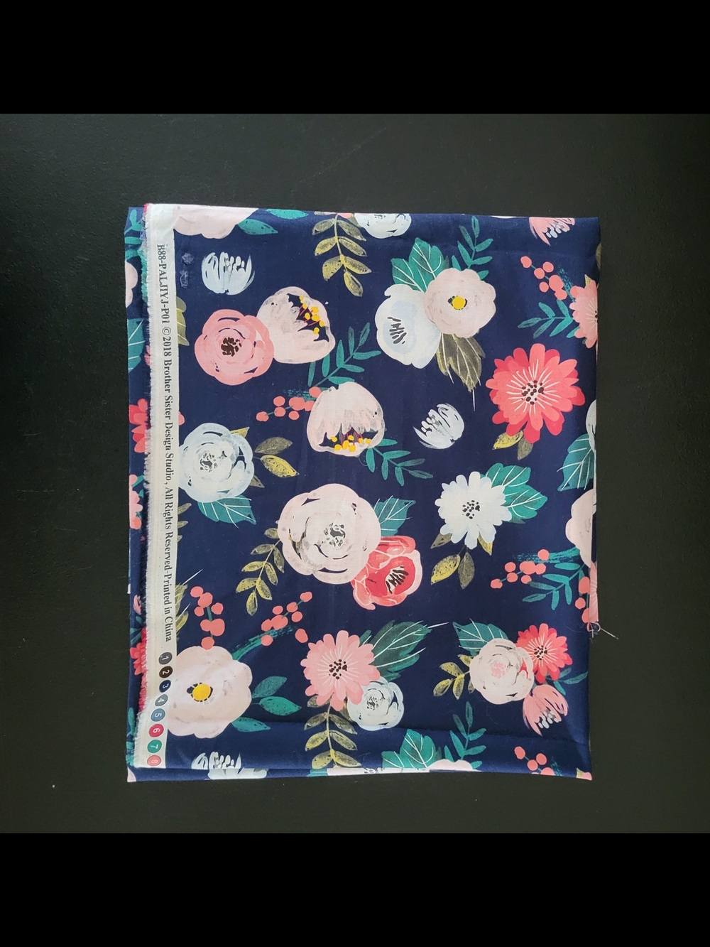 Floral Cotton Fabric Panel 1 yd. 10 in. in Navy with Pink and White Blooms
